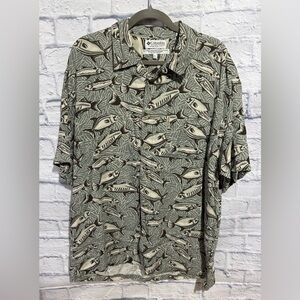 Columbia Short-Sleeve Fish Print Button-Up Shirt - Sage Green & Cream, Large